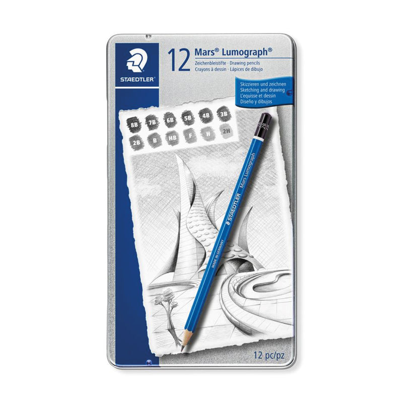 Caja Lápices Mars Lumographs X 12G. Estuche Metal Staedtler